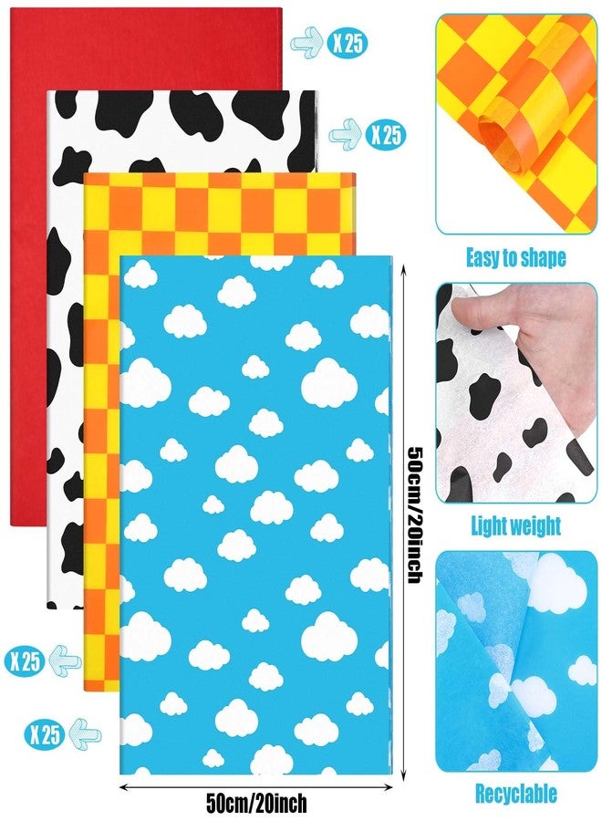 Bolsome 100Pcs Cartoon Story Tissue Paper Blue Sky White Clouds Cow Yellow Checkered Tissue Paper for Gift Wrapping for Birthday Party Baby Shower DIY Craft Supplies, 20 × 14 Inches - Image 2