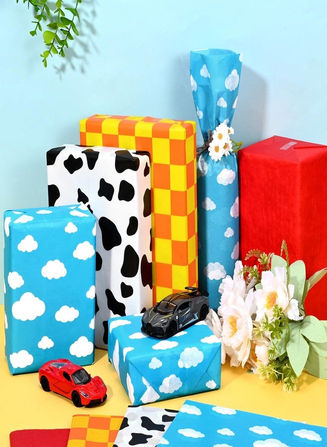 Bolsome 100Pcs Cartoon Story Tissue Paper Blue Sky White Clouds Cow Yellow Checkered Tissue Paper for Gift Wrapping for Birthday Party Baby Shower DIY Craft Supplies, 20 × 14 Inches - Image 4