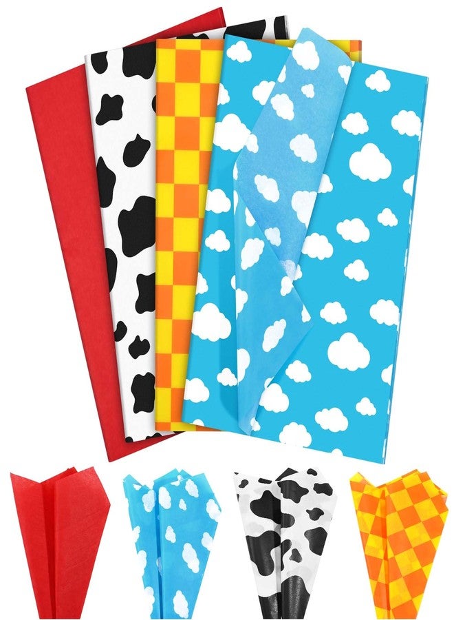 Bolsome 100Pcs Cartoon Story Tissue Paper Blue Sky White Clouds Cow Yellow Checkered Tissue Paper for Gift Wrapping for Birthday Party Baby Shower DIY Craft Supplies, 20 × 14 Inches - Image 1