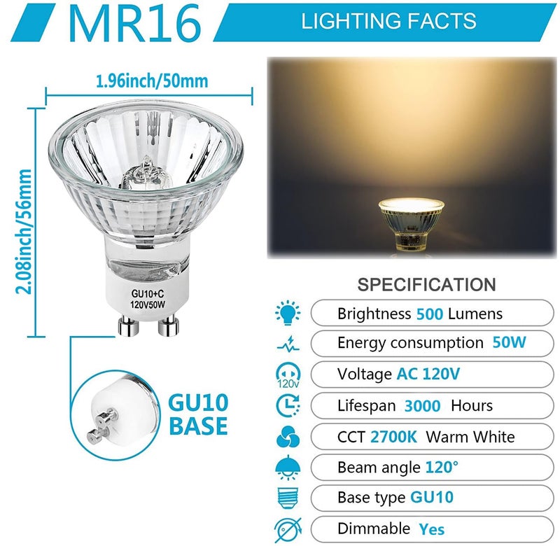 PaeorRorL GU10 50W Halogen Light Bulbs for Candle Warmer Lamp,Track Lighting and Range Hood,120V GU10+C Candle Warmer Replacement Bulb with Glass Cover,High CRI >90,Dimmable,2700K Warm White,6 Pack - Image 2