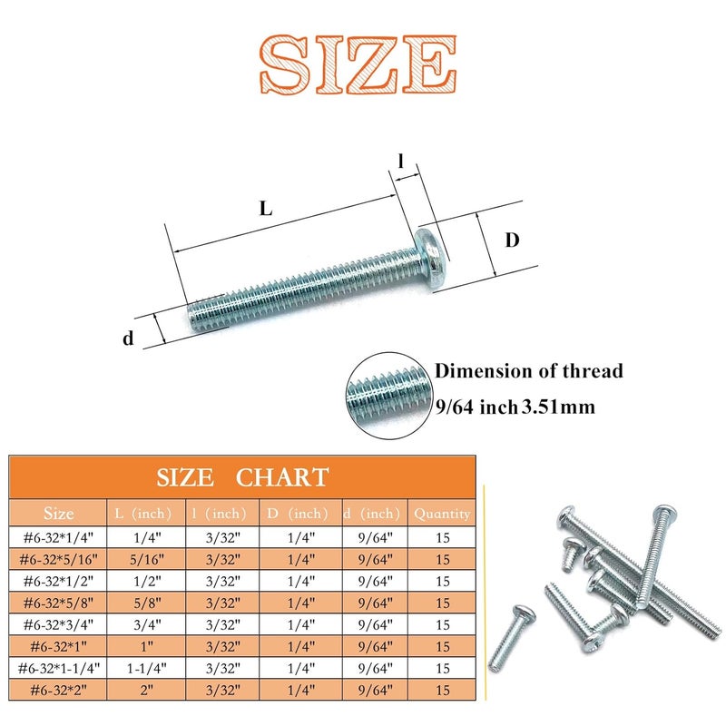 Matrelt 120 Pcs 8 Sizes #6-32 Machine Screws Knob Screw Cabinet Screws Electricians Screw, Carbon Steel Zinc-Plated Phillips Pan Head Machine Screws Assortment Kit - Image 2