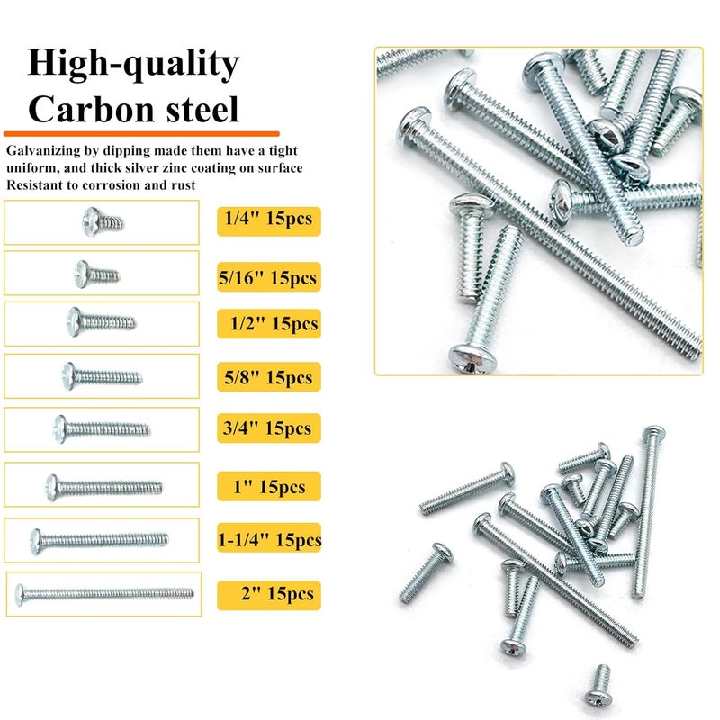 Matrelt 120 Pcs 8 Sizes #6-32 Machine Screws Knob Screw Cabinet Screws Electricians Screw, Carbon Steel Zinc-Plated Phillips Pan Head Machine Screws Assortment Kit - Image 3