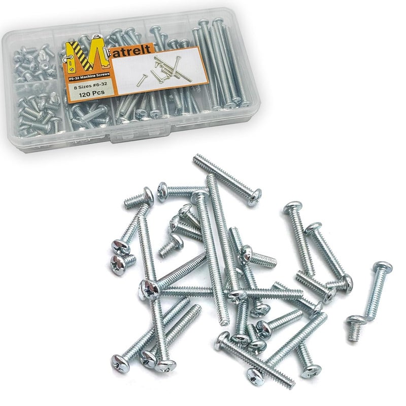 Matrelt 120 Pcs 8 Sizes #6-32 Machine Screws Knob Screw Cabinet Screws Electricians Screw, Carbon Steel Zinc-Plated Phillips Pan Head Machine Screws Assortment Kit - Image 5