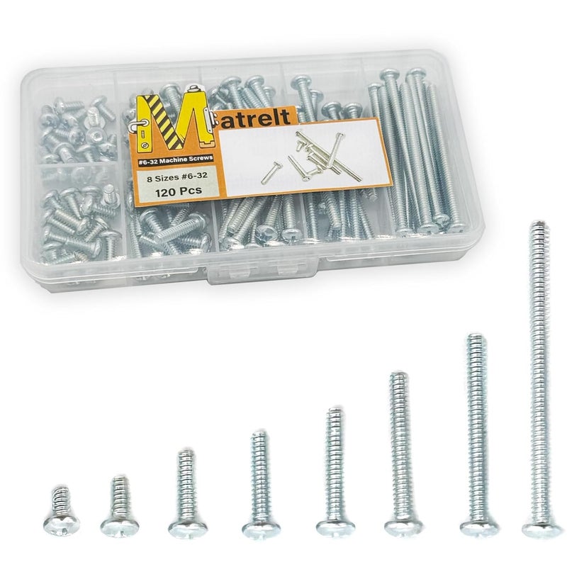 Matrelt 120 Pcs 8 Sizes #6-32 Machine Screws Knob Screw Cabinet Screws Electricians Screw, Carbon Steel Zinc-Plated Phillips Pan Head Machine Screws Assortment Kit - Image 1