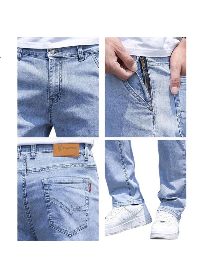 PLAYBOY Men'S Spring And Summer Jeans Men'S Fashion Brand Business Loose Straight Stretch Casual Pants Light Blue 32 - Image 2