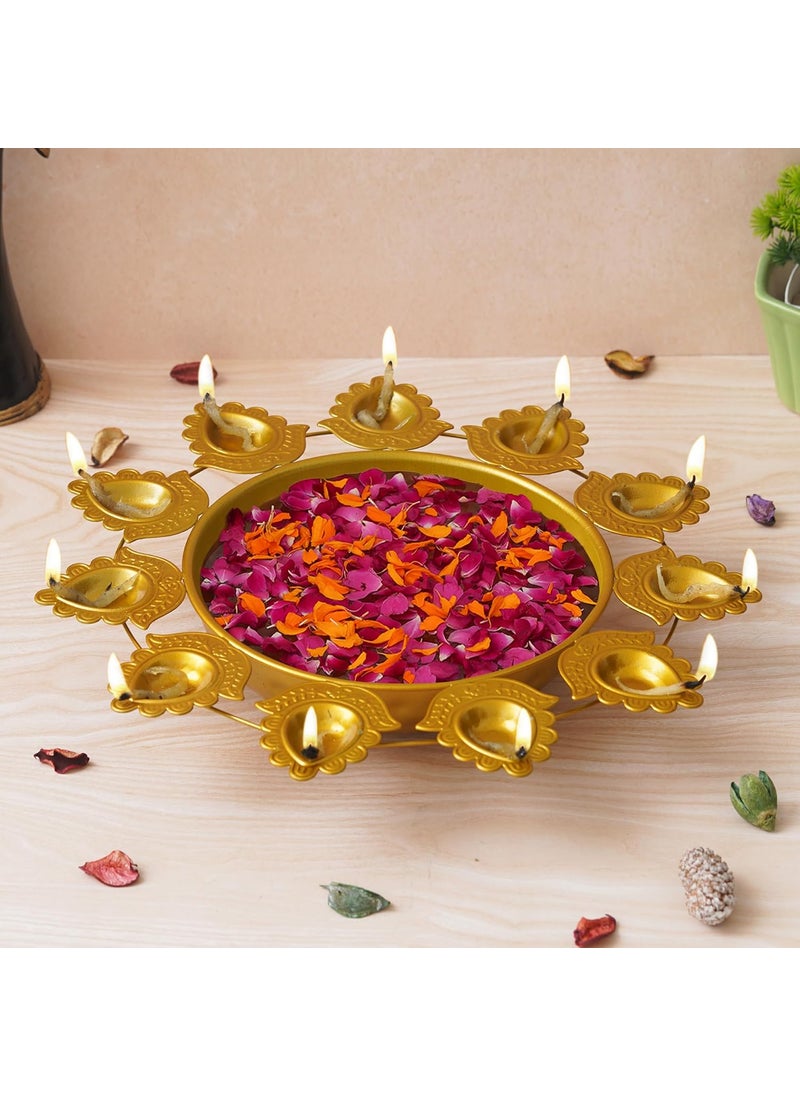 Webelkart Webelkart Premium Flower Diya Shape Gold Polish Decorative Urli Bowl for Home and Office Decor/Urli tealight Candle Holder/Diwali Decorations Items for Home Decor (14 Inches, Gold)  - Image 1