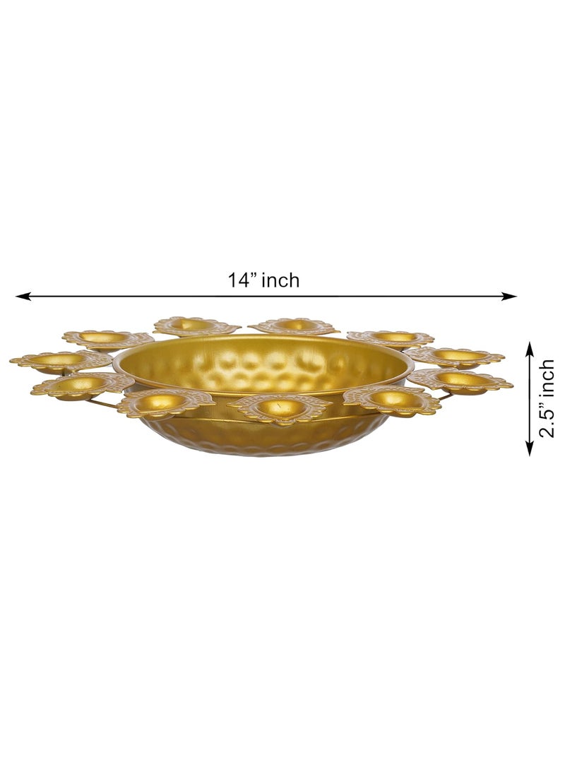 Webelkart Webelkart Premium Flower Diya Shape Gold Polish Decorative Urli Bowl for Home and Office Decor/Urli tealight Candle Holder/Diwali Decorations Items for Home Decor (14 Inches, Gold)  - Image 2