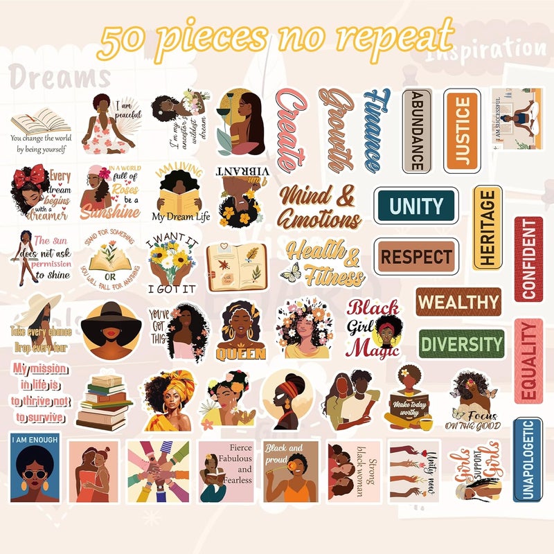 MENIFEND 50 Pcs Black Girl Inspirational Stickers, Black Beauty Motivational Quotes Positive Affirmations Design Stickers, Vision Board Supplies for Self Reminder Personal Growth Confident - Image 2