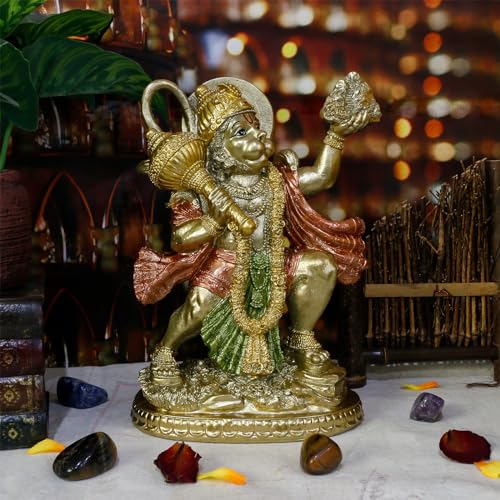 BangBangDa Hindu God Flying Hanuman Statue - Indian Lord Gold Finish - Flying Hanuman Carrying Herb Bearing Mountain - Idol Murti Pooja Sculpture - India Figurine for Home Temple Mandir Decor - Image 1