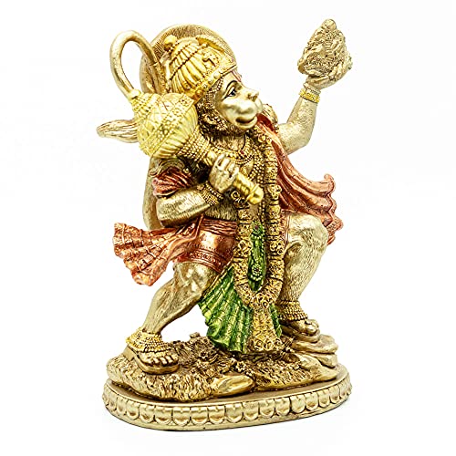 BangBangDa Hindu God Flying Hanuman Statue - Indian Lord Gold Finish - Flying Hanuman Carrying Herb Bearing Mountain - Idol Murti Pooja Sculpture - India Figurine for Home Temple Mandir Decor - Image 3