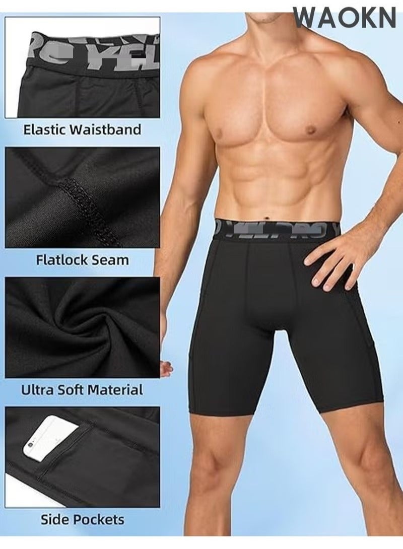WAOKN Compression Shorts Men, Dry Fit Active Running Workout Gym Yoga Cycling Shorts Mens Spandex Shorts Underwear Pockets Compression Shorts for Men  Cool Dry Athletic Workout Underwear Running Gym Spandex Base Layer Boxer Briefs - Image 4