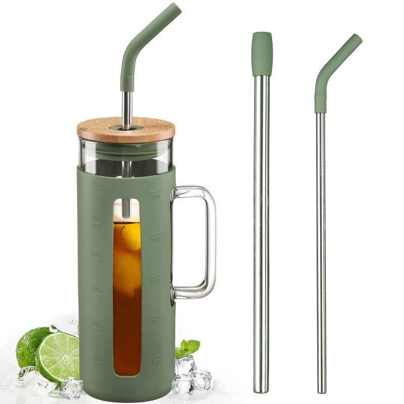 Kodrine Kodrine Tumbler with Lid and Straw 20 oz Glass Coffee Tumbler with Handle Smoothie Cup with Bamboo Lid  Time Marker  Silicone Protective Sleeve BPA Free  Olive 