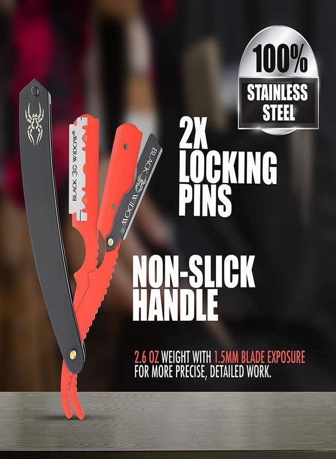 Black Widow Professional Barber Straight Edge Razor – Stainless Steel Shavette, 1.5 mm Blade Exposure, Matte Black & Red, 10 Double Edge Blades (20 Single-Edge) for Lineups & Beard Shaping - Image 2