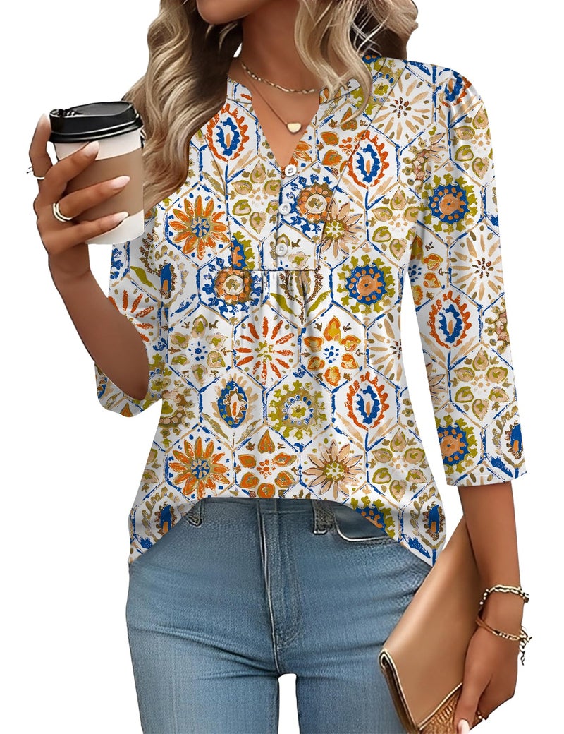IECCP Boho Tops for Women Trendy Dressy Casual Henley V Neck Blouses Business Work Tops Loose Fit Soft Basic Tees (Geometry Pattern,XL) - Image 1