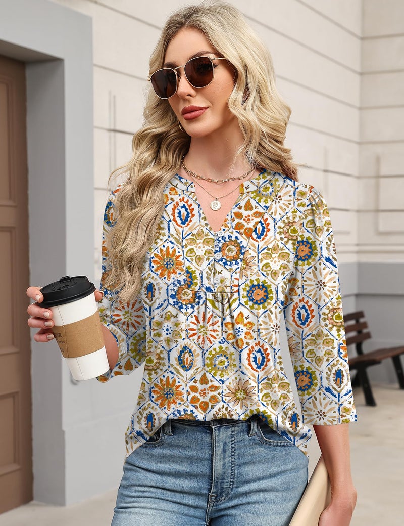 IECCP Boho Tops for Women Trendy Dressy Casual Henley V Neck Blouses Business Work Tops Loose Fit Soft Basic Tees (Geometry Pattern,XL) - Image 4