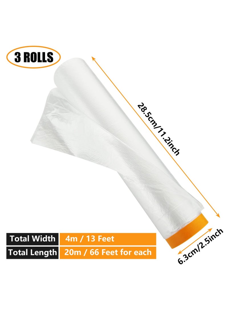 SYOSI 3 Rolls Plastic Dust Sheets for Decorating, 4m x 20m Waterproof Masking Film Rolls, Pre-Taped Plastic Drop Film for Painting Furniture Covering - Image 2