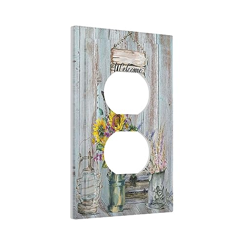 Yamxbfa Sunflower Vintage Barn Wooden 1 Gang Single Duplex Light Switch Plate Outlet Cover Sun floral Decorative Wall Plate Switchplate Electrical Faceplate Farmhouse Home Livingroom Decor - Image 1