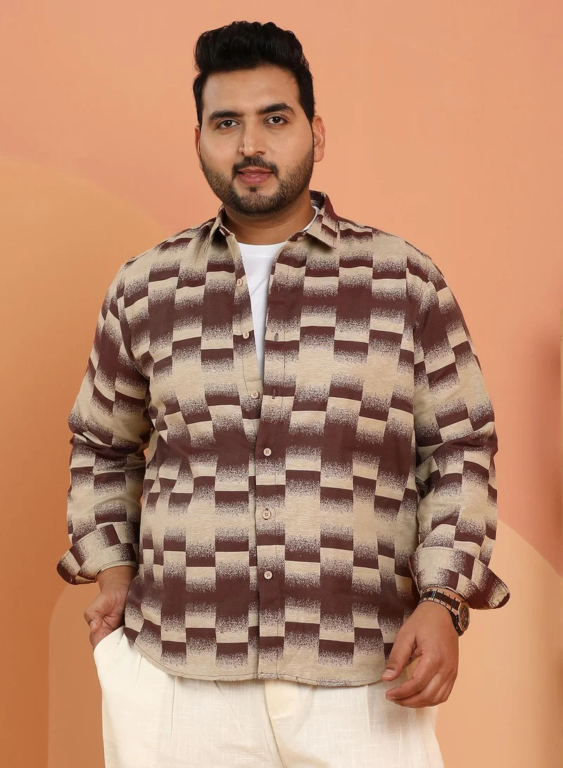 Instafab Plus Instafab Plus Men's Chocolate Brown & Ecru Beige Ombre-Block Shirt For Casual Wear | Spread Collar | Long Cuffed Sleeves | Button Closure | Plus Size Shirt Crafted With Comfort Fit For Everyday Wear