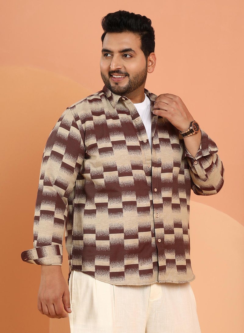 Instafab Plus Men's Chocolate Brown & Ecru Beige Ombre-Block Shirt For Casual Wear | Spread Collar | Long Cuffed Sleeves | Button Closure | Plus Size Shirt Crafted With Comfort Fit For Everyday Wear - Image 3