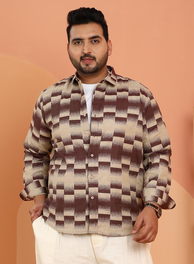 Instafab Plus Men's Chocolate Brown & Ecru Beige Ombre-Block Shirt For Casual Wear | Spread Collar | Long Cuffed Sleeves | Button Closure | Plus Size Shirt Crafted With Comfort Fit For Everyday Wear - Image 1
