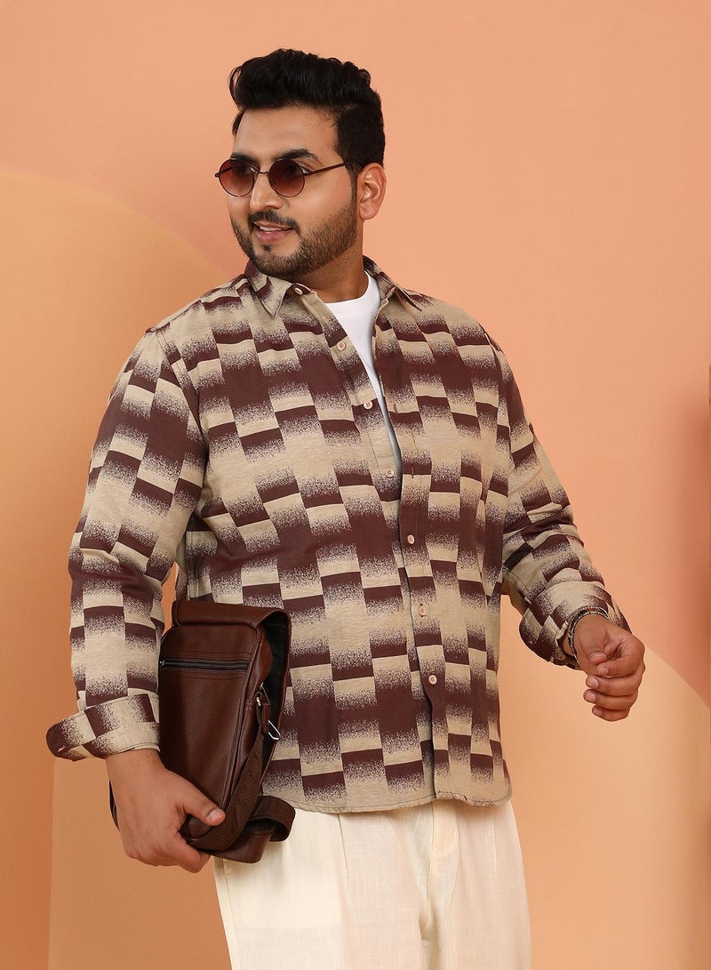 Instafab Plus Men's Chocolate Brown & Ecru Beige Ombre-Block Shirt For Casual Wear | Spread Collar | Long Cuffed Sleeves | Button Closure | Plus Size Shirt Crafted With Comfort Fit For Everyday Wear - Image 2