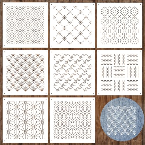 Yousoontic 8 Pcs 47 x 47 Inch Plastic Sashiko Stencil kit Geometric Sashiko Pattern Template Drawing Line Embroidery Pattern for Hand Quilting and Embroidery 25mm Thick Novel Style - Image 1