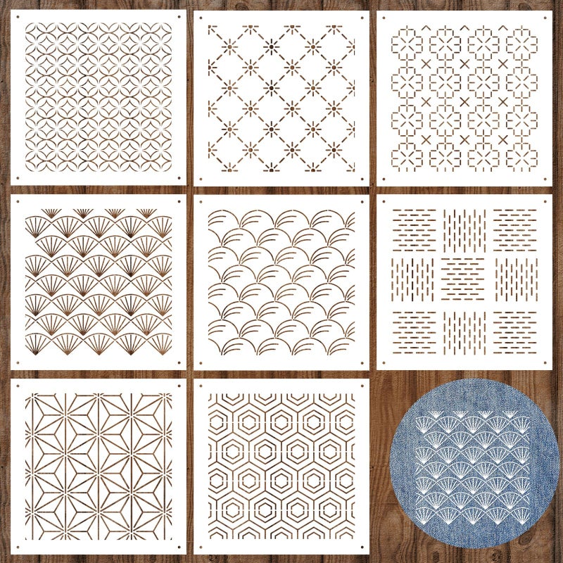 Yousoontic 8 Pcs 47 x 47 Inch Plastic Sashiko Stencil kit Geometric Sashiko Pattern Template Drawing Line Embroidery Pattern for Hand Quilting and Embroidery 25mm Thick Novel Style - Image 3