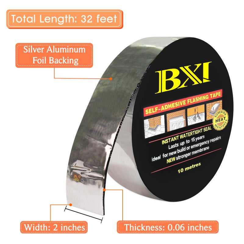 BXI Flashing Roll Tape Membrane, 2 inches X 32 Feet Thick Waterproof Patch Seal Tape, Self-Adhesive SBS Modified Rubberized Asphalt, Deck Seam Joist Leak Sealant for Roof Window Gutter Repair Outdoor - Image 2