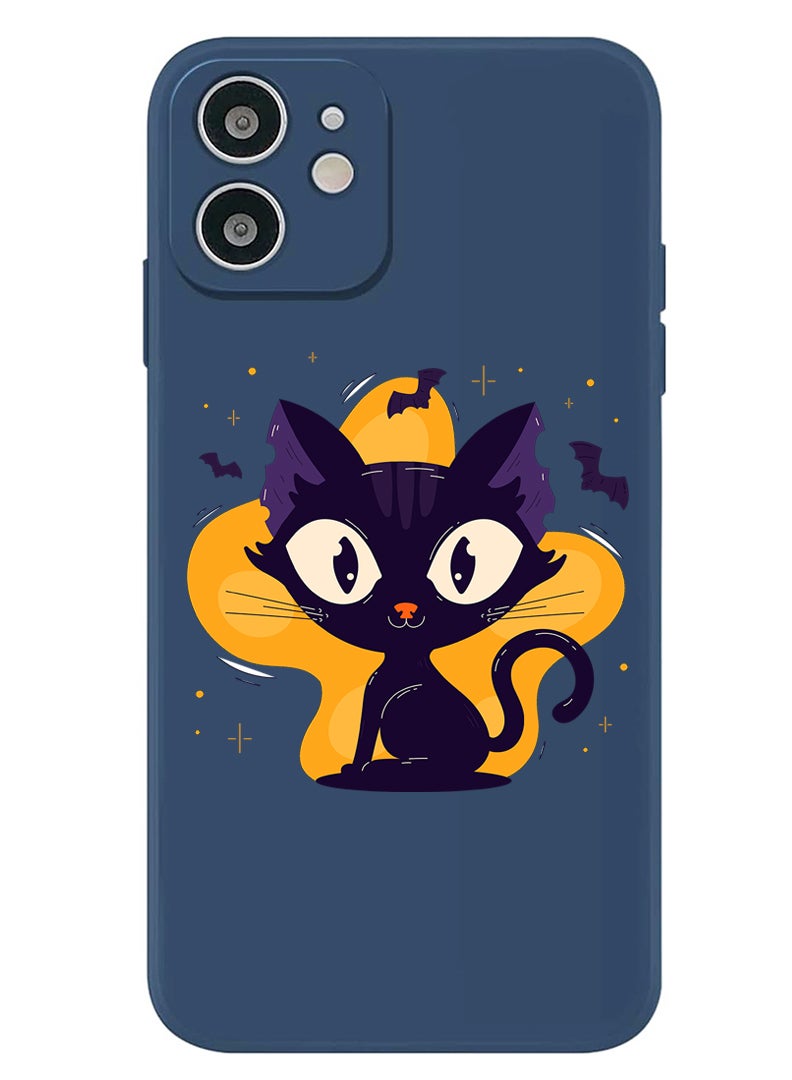 Theodor Protective Slim Fit Case Liquid Silicone Cover with Full Body Protection Anti-Scratch Shockproof Case For iPhone 12 Blue  - Black Cat Halloween - Image 1