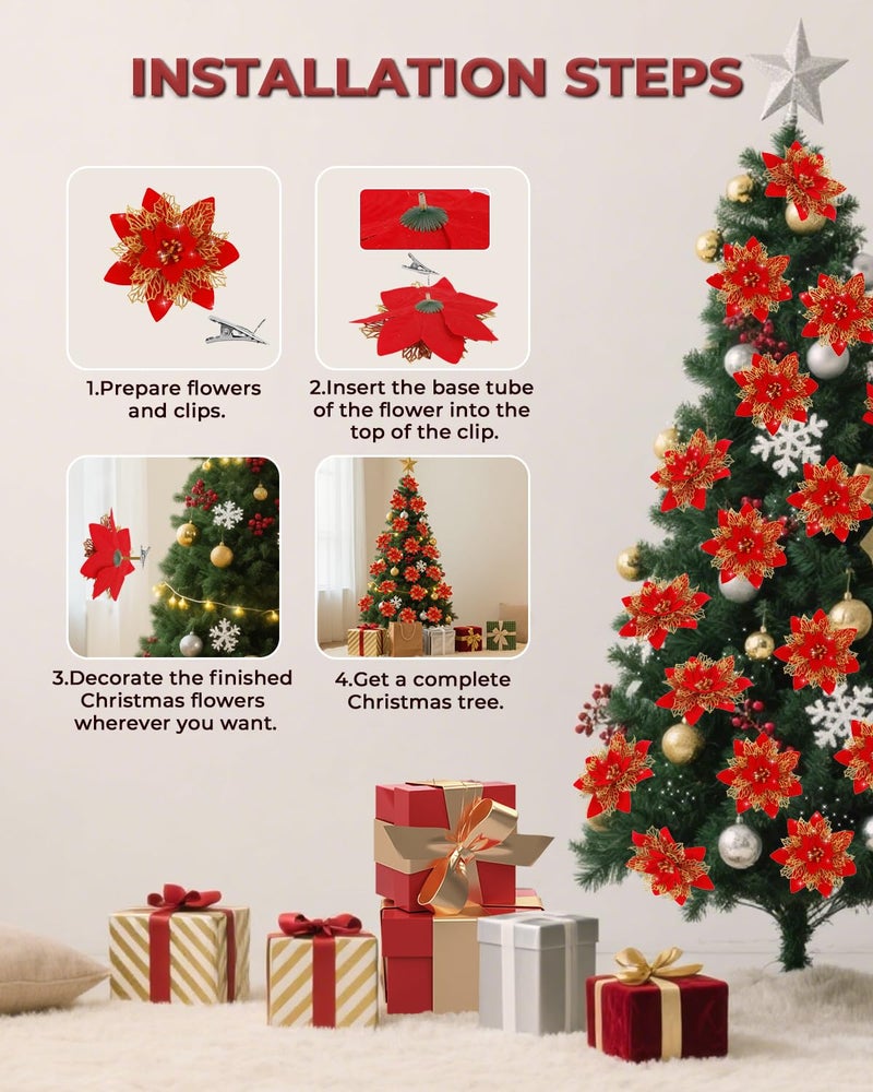 BAOTUJIA 12Pcs Red Christmas Poinsettias Flowers Decoration Artificial Flowers for Christmas Tree Ornaments Suitable for Home Xmas Decorations Xmas Tree Decorations Items Wreath Making - Image 3