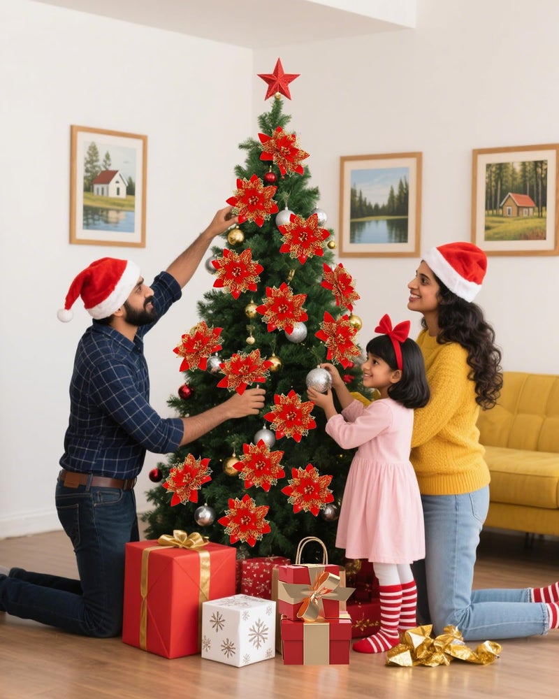 BAOTUJIA 12Pcs Red Christmas Poinsettias Flowers Decoration Artificial Flowers for Christmas Tree Ornaments Suitable for Home Xmas Decorations Xmas Tree Decorations Items Wreath Making - Image 4