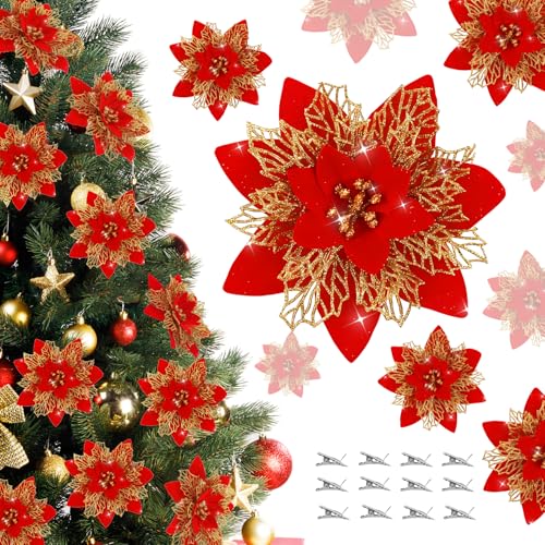 BAOTUJIA 12Pcs Red Christmas Poinsettias Flowers Decoration Artificial Flowers for Christmas Tree Ornaments Suitable for Home Xmas Decorations Xmas Tree Decorations Items Wreath Making - Image 1