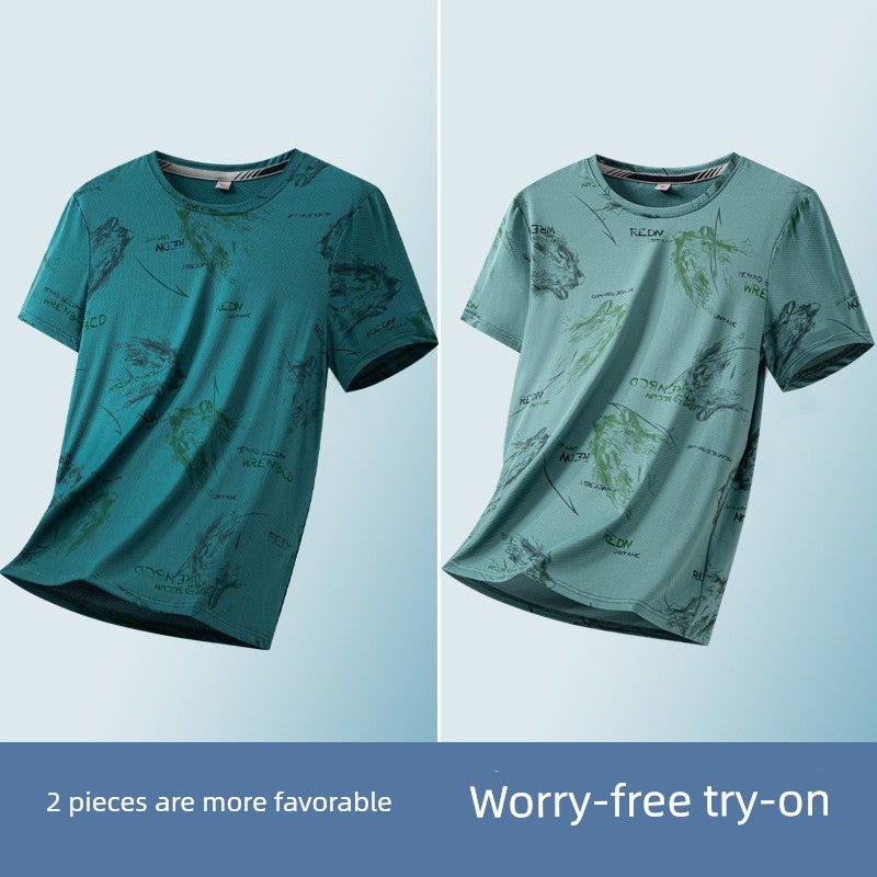 Ice silk short-sleeved T-shirt for men's summer thin trendy printed T-shirt, fashionable wrinkle-resistant ice-cold half-sleeved handsome top - Image 1