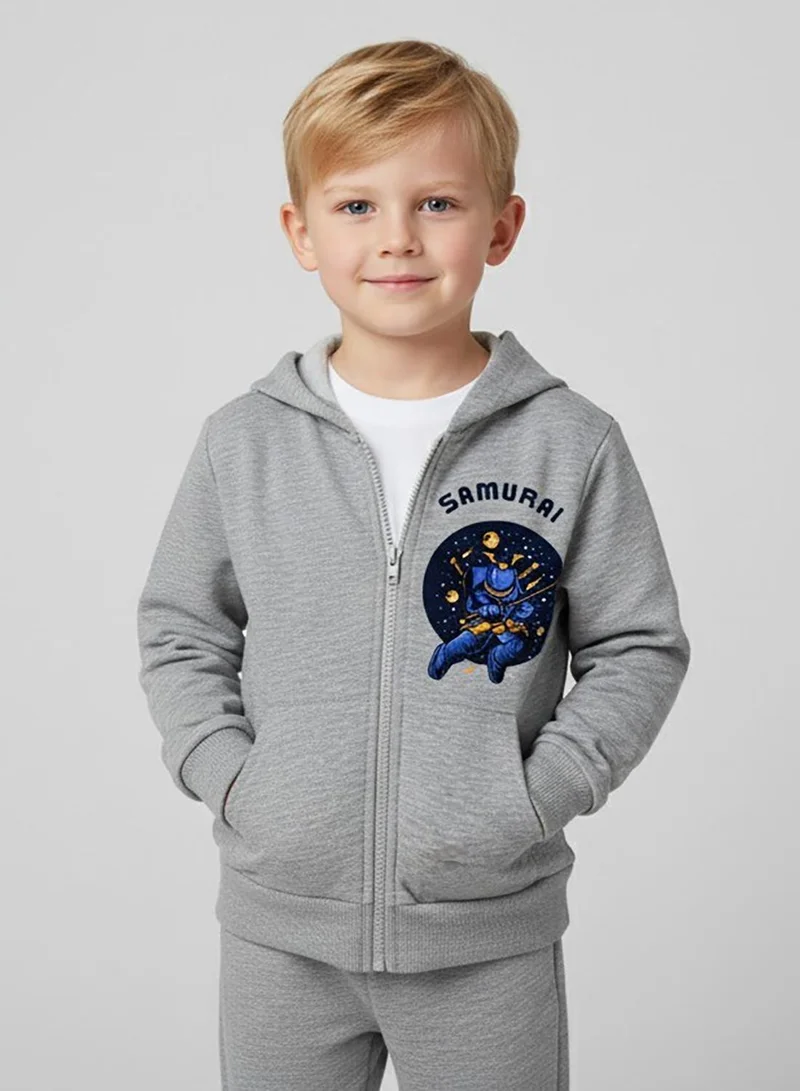 babyqlo Boys Samurai Graphic Grey Zip-Up Winter Hoodie