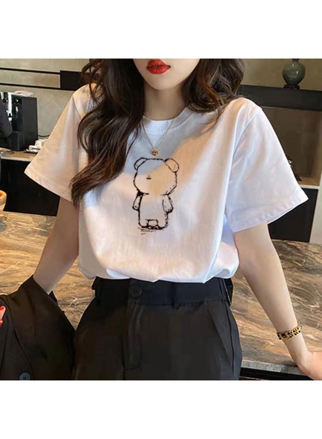 VUELO Women's Cotton Bear Short Sleeve T-shirt Summer New Harajuku Style Design Sense Niche White Half Sleeve Bear T-shirt - Image 3