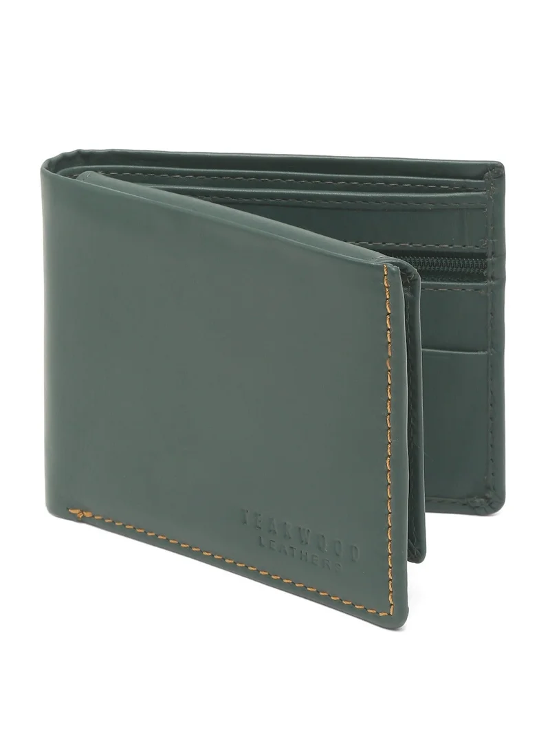 Teakwood green Teakwood Leather Genuine Leather Bi-Fold Wallet for Men | Green Slim Wallet | 2 Main Compartments | 7 Card Slots | 1 ID Window | 2 Slip Pockets | Zip Coin Pocket | Lightweight Durable Everyday Travel Wallet for Men | Best Price UAE