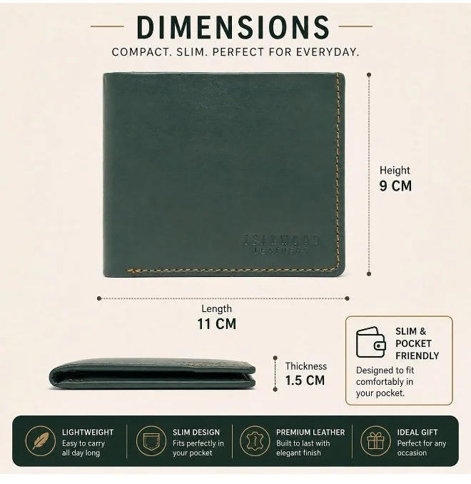Teakwood green Teakwood Leather Genuine Leather Bi-Fold Wallet for Men | Green Slim Wallet | 2 Main Compartments | 7 Card Slots | 1 ID Window | 2 Slip Pockets | Zip Coin Pocket | Lightweight Durable Everyday Travel Wallet for Men | Best Price UAE
