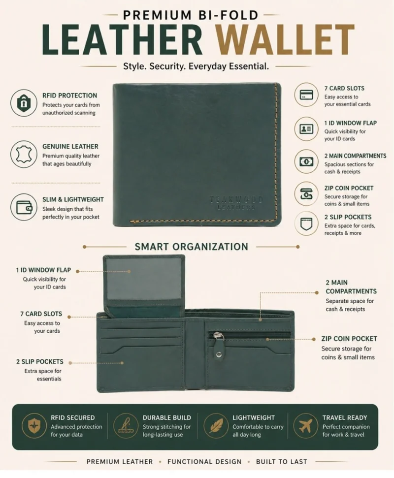 TEAKWOOD Teakwood Leather Genuine Leather Bi-Fold Wallet for Men | Green Slim Wallet | 2 Main Compartments | 7 Card Slots | 1 ID Window | 2 Slip Pockets | Zip Coin Pocket | Lightweight Durable Everyday Travel Wallet