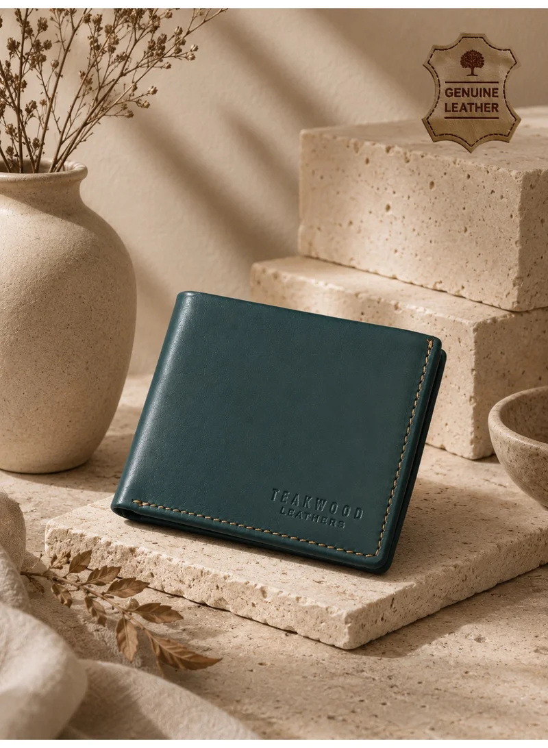 TEAKWOOD Teakwood Leather Genuine Leather Bi-Fold Wallet for Men | Green Slim Wallet | 2 Main Compartments | 7 Card Slots | 1 ID Window | 2 Slip Pockets | Zip Coin Pocket | Lightweight Durable Everyday Travel Wallet