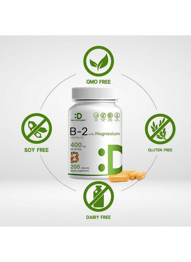 Eagleshine Vitamins - فيتامين ب2 400 ملغ (ريبوفلافين)؛ مع جليسينات المغنيسيوم 400 ملغ، 200 كبسولة 2 في 1 تدعم مزاج الجهاز العصبي الصحي وإنتاج الدم والطاقة Nongmo - Image 1