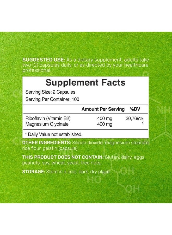 Eagleshine Vitamins - فيتامين ب2 400 ملغ (ريبوفلافين)؛ مع جليسينات المغنيسيوم 400 ملغ، 200 كبسولة 2 في 1 تدعم مزاج الجهاز العصبي الصحي وإنتاج الدم والطاقة Nongmo - Image 1