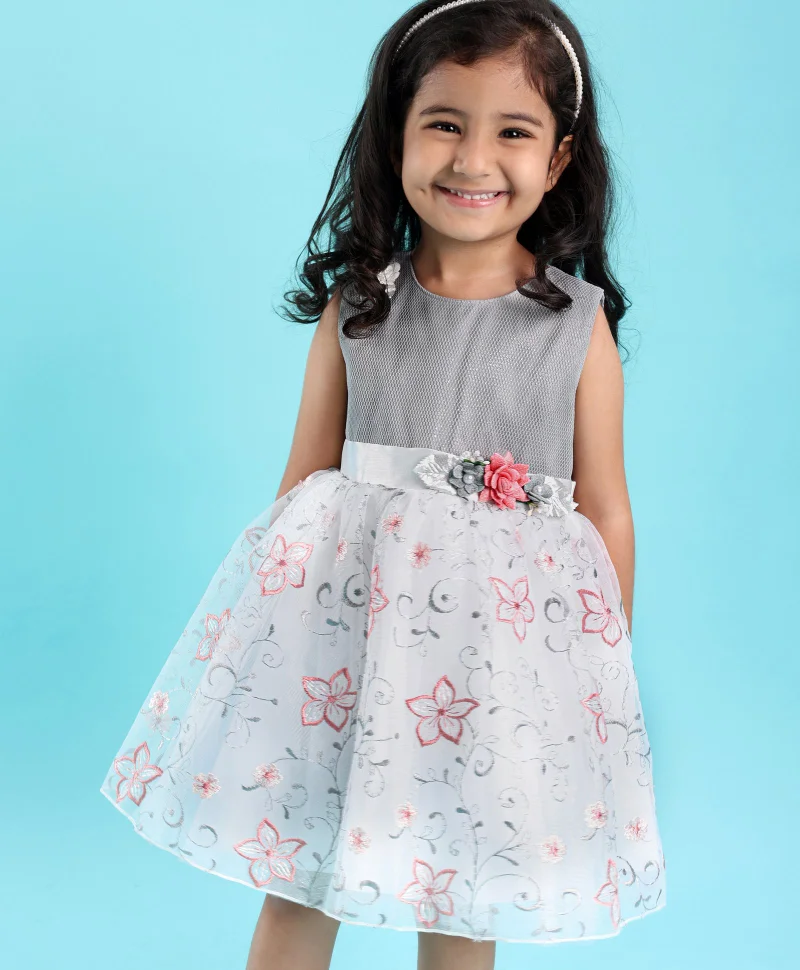 babyhug Babyhug Sleeveless Party Frock with Floral Embroidery - Grey