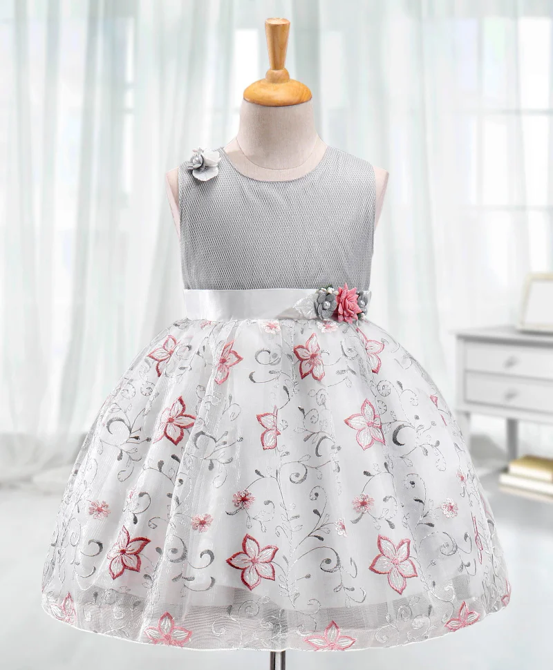 babyhug Babyhug Sleeveless Party Frock with Floral Embroidery - Grey