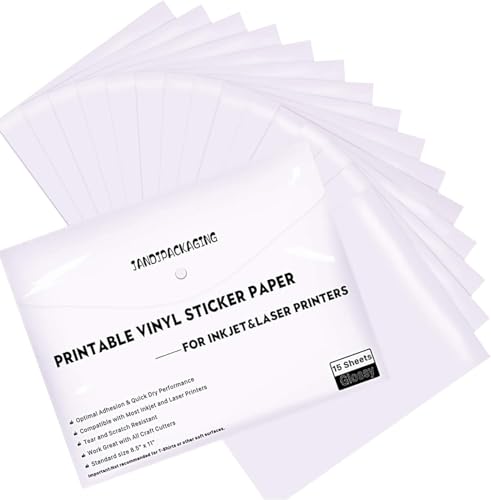 JANDJPACKAGING Printable Vinyl Sticker Paper - Waterproof Printable Vinyl for Laser & Inkjet Printer 15 Self-Adhesive Sheets - Glossy White - Standard Letter Size 8.5"x11" - Image 1