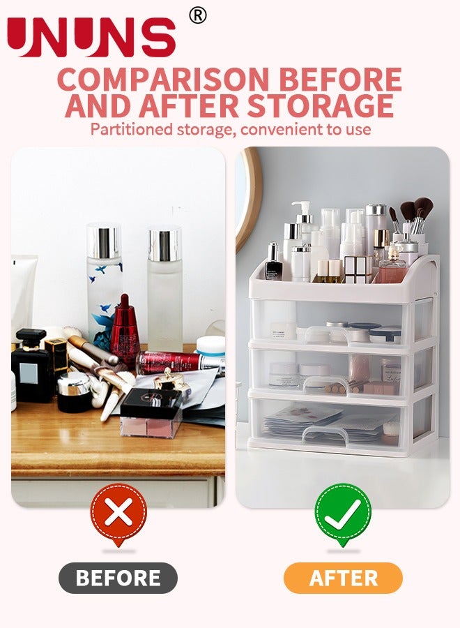 UNUNS Bath Organizers,Cosmetic Display Cases With 3 Drawers,Dresser Cosmetic Box For Brush Holder,Bathroom Vanity Organizers For Skincare/Eyeshadow/Makeup Brushes/Lipstick/Powders/Nail Polish-White - Image 3