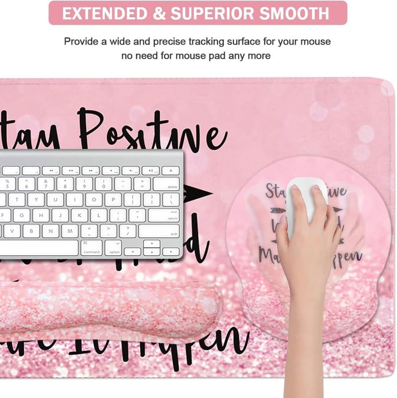 Yunoble 4-in-1 Gaming Mouse Pad Wrist Support Setï¼ŒDesk Pad + Mouse Pad with Wrist Rest + Keyboard Wrist Rest + Coaster, Ergonomic Design for Home Office Study Game - Pink Stay Positive - Image 5