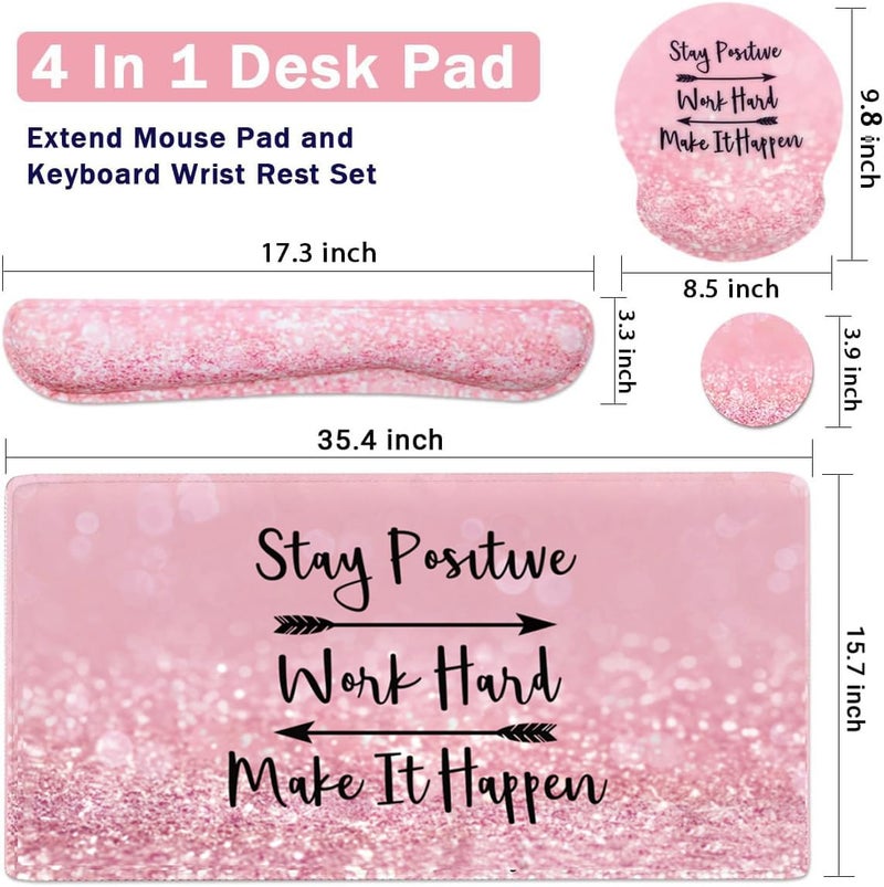 Yunoble 4-in-1 Gaming Mouse Pad Wrist Support Setï¼ŒDesk Pad + Mouse Pad with Wrist Rest + Keyboard Wrist Rest + Coaster, Ergonomic Design for Home Office Study Game - Pink Stay Positive - Image 2