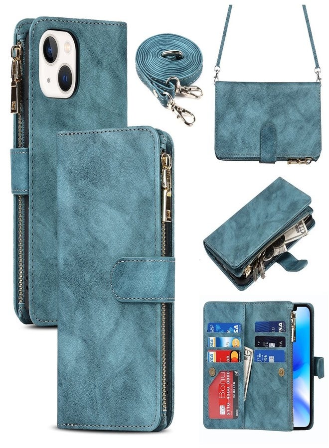 آي كوفر كايس جراب iCoverCase متوافق مع هاتف iPhone 14 Plus، جراب كروسبودي مع حزام للنساء، جراب محفظة للهاتف مع حامل بطاقات، جراب قلاب من الجلد الصناعي بسحاب، مقاس 6.7 بوصة (أزرق) - Image 1
