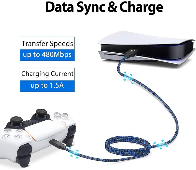 ELECDON PS5 Controller Charger Cable Nylon Braided USB Type-C High-Speed Sync Charging Cord Compatible for Switch Pro/Nintendo Switch, Xbox Series X/S Controller, Cellphone, Laptop 2 Pcs 3M（Black &Blue） - Image 2