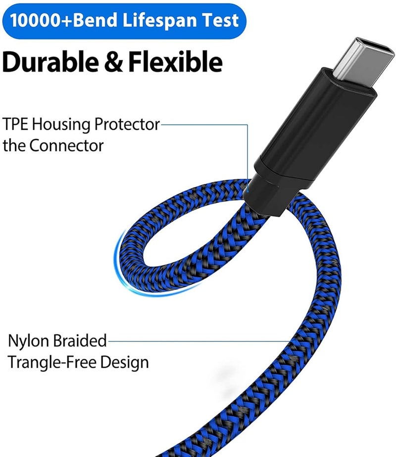 ELECDON PS5 Controller Charger Cable Nylon Braided USB Type-C High-Speed Sync Charging Cord Compatible for Switch Pro/Nintendo Switch, Xbox Series X/S Controller, Cellphone, Laptop 2 Pcs 3M（Black &Blue） - Image 4